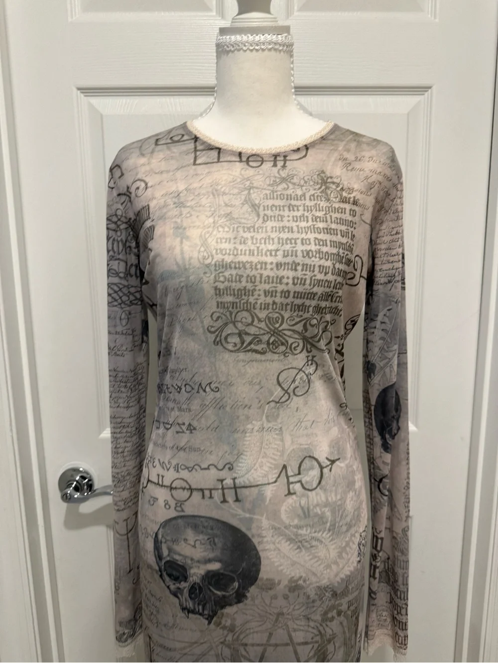 Gray Script & Skull Long Sleeve Sheer Maxi Dress - Picture 4 of 11